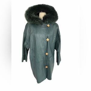 Vintage LNR  Dark Green Leather Jacket with Fur Trim size small